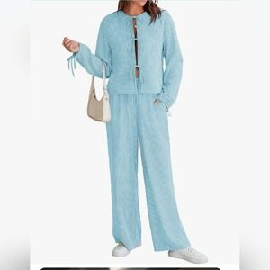 COPY - Blue Pajama Set with Tie Cuff Sleeves and Relaxed Fit (T19)